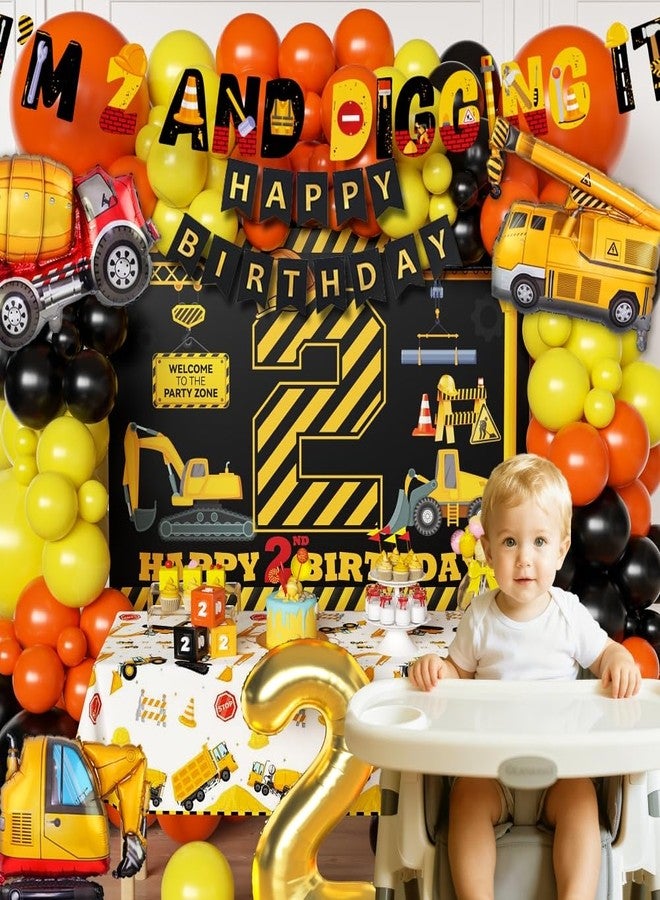 REZIPO Construction Birthday Party Decorations for 2 Year Old Boy 2nd And Digging It Dump Truck Birthday Party Supplies Set with Balloons, Two Backdrop, Tablecloth Foil Balloons and Banners (Construction) - Image 3