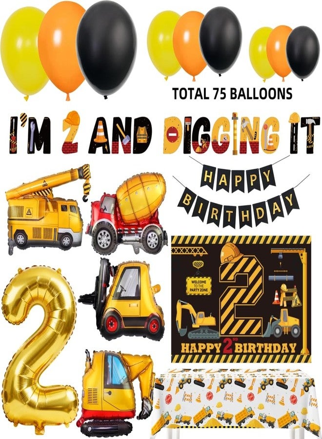 REZIPO Construction Birthday Party Decorations for 2 Year Old Boy 2nd And Digging It Dump Truck Birthday Party Supplies Set with Balloons, Two Backdrop, Tablecloth Foil Balloons and Banners (Construction) - Image 2