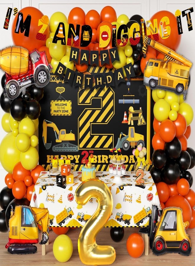 REZIPO Construction Birthday Party Decorations for 2 Year Old Boy 2nd And Digging It Dump Truck Birthday Party Supplies Set with Balloons, Two Backdrop, Tablecloth Foil Balloons and Banners (Construction) - Image 1
