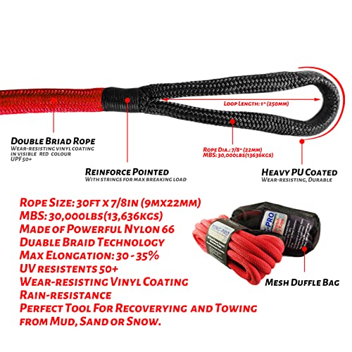 KING-PRO Kinetic Recovery Rope 7/8“x30' Towing Rope 30,000lbs Breaking Strength 100% Nylon Made Heavy Duty Offroad Snatch Strap 30% Elasticity for Full-Size Truck Large SUVs Offroad Vehicels (Red) - Image 2