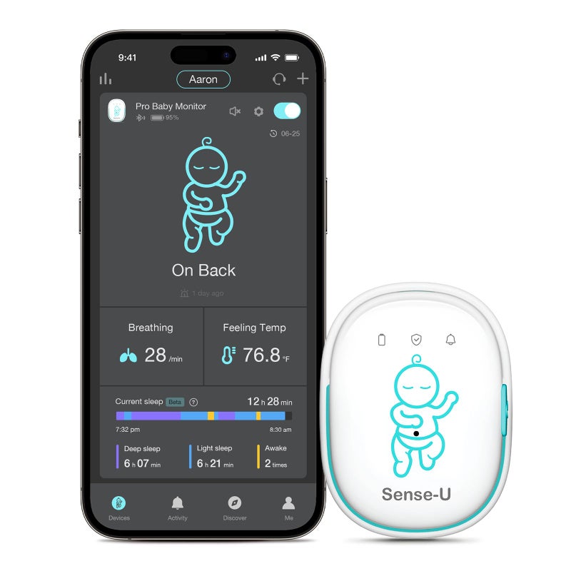 Sense-U Pro Baby Monitor â€“ Breathing Movement, Rollover & Overheating Trackers for Better Sleep, Simple Clip-On Smart Sleep Monitor with Arousal Vibration, Audible Alerts & Sleep Analysis - Image 1