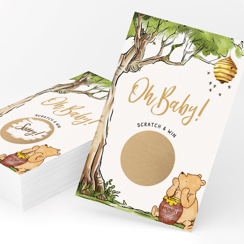 Printed Party Winnie Baby Shower Games â€“ Scratch Off Game with Classic Pooh Theme, Gender Neutral for Boy or Girl, 30 Cards & Stickers - Image 1