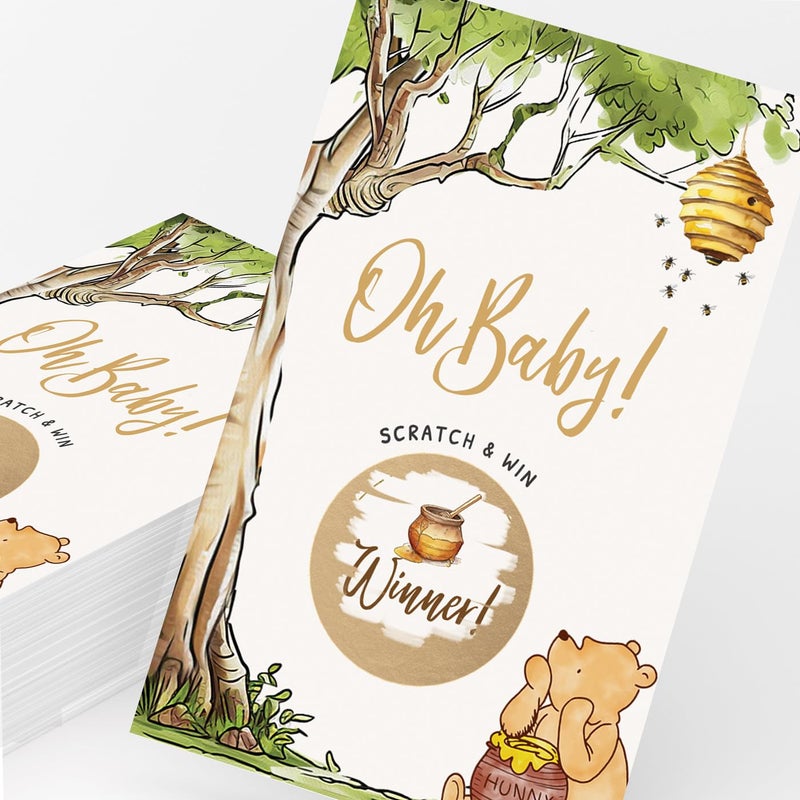 Printed Party Winnie Baby Shower Games â€“ Scratch Off Game with Classic Pooh Theme, Gender Neutral for Boy or Girl, 30 Cards & Stickers - Image 4