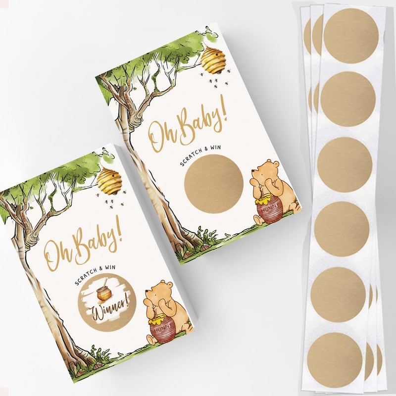 Printed Party Winnie Baby Shower Games â€“ Scratch Off Game with Classic Pooh Theme, Gender Neutral for Boy or Girl, 30 Cards & Stickers - Image 2