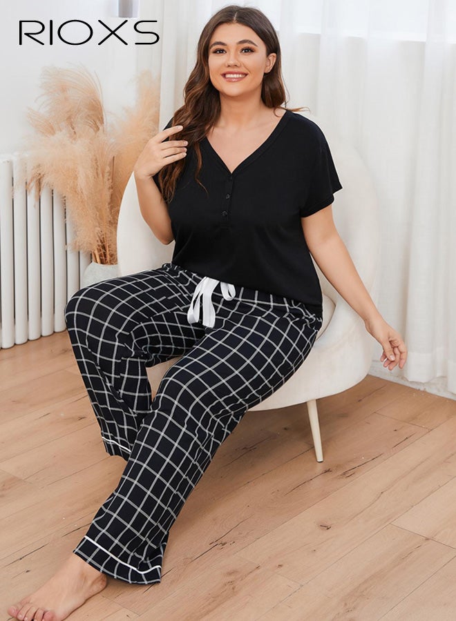 RIOXS Womens Pajamas Set, Oversized V Neck T-Shirts Tops and Drawsting Plaid ShortsLong Pants, Summer Soft Comfy Lounge Nightwear Sleepwear Sets for Home Hotel Dormitory Travel. - Image 2