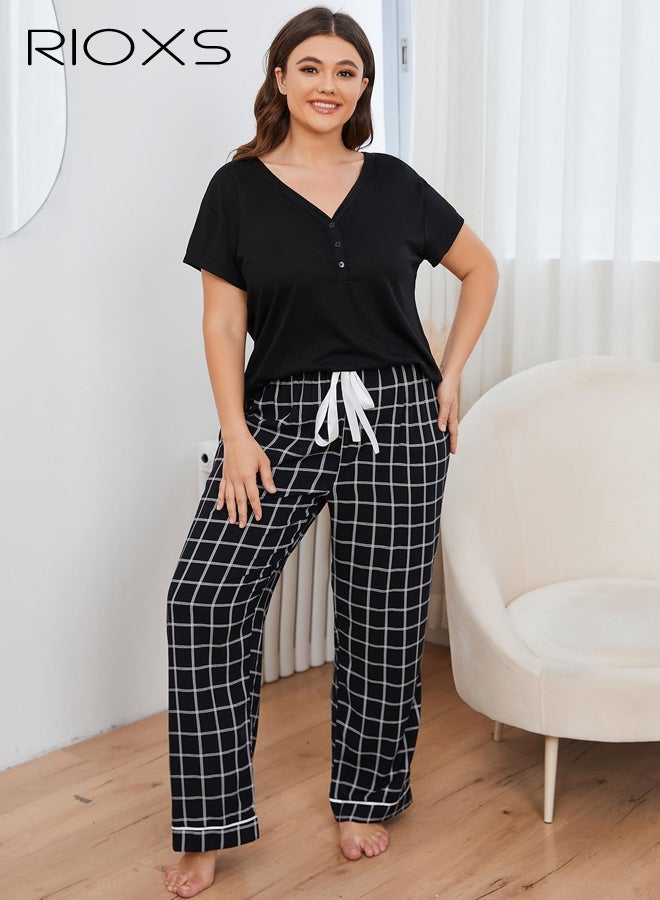 RIOXS Womens Pajamas Set, Oversized V Neck T-Shirts Tops and Drawsting Plaid ShortsLong Pants, Summer Soft Comfy Lounge Nightwear Sleepwear Sets for Home Hotel Dormitory Travel. - Image 3