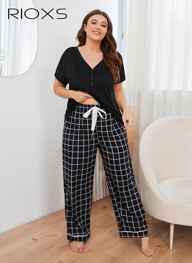 RIOXS Womens Pajamas Set, Oversized V Neck T-Shirts Tops and Drawsting Plaid ShortsLong Pants, Summer Soft Comfy Lounge Nightwear Sleepwear Sets for Home Hotel Dormitory Travel. - Image 4