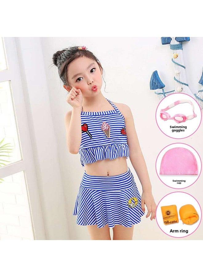 Generic Girls' Swimsuit Women's Split Big Kids Baby Western-style Cute Little Princess Skirt Swimsuit Girls' Children's Swimsuit-Color:1820 Blue Striped Split Swimsuit Arm Ring Four-piece Set-Size:M Size [height 90-105cm]  - Image 1