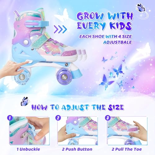 MammyGol Kids Roller Skates for Girls or Boys, 4 Size Adjustable Roller Skates for Children with Beautiful Butterflies, Beginner Kids Light up Roller Quad Skates Indoor Outdoor (Purple) - Image 2