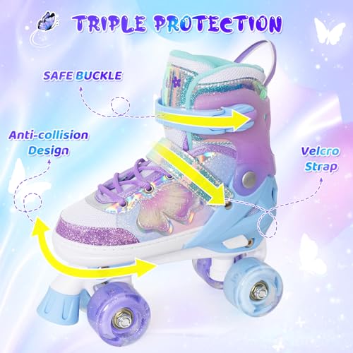 MammyGol Kids Roller Skates for Girls or Boys, 4 Size Adjustable Roller Skates for Children with Beautiful Butterflies, Beginner Kids Light up Roller Quad Skates Indoor Outdoor (Purple) - Image 3
