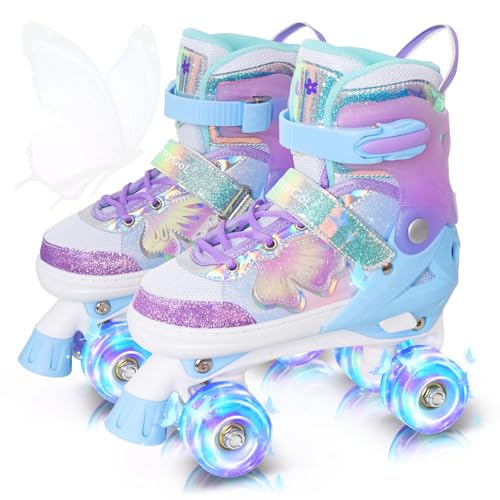 MammyGol Kids Roller Skates for Girls or Boys, 4 Size Adjustable Roller Skates for Children with Beautiful Butterflies, Beginner Kids Light up Roller Quad Skates Indoor Outdoor (Purple) - Image 4