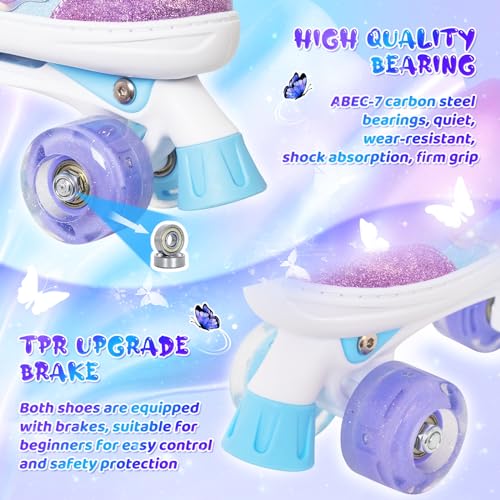 MammyGol Kids Roller Skates for Girls or Boys, 4 Size Adjustable Roller Skates for Children with Beautiful Butterflies, Beginner Kids Light up Roller Quad Skates Indoor Outdoor (Purple) - Image 5