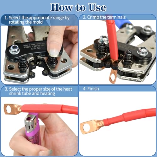 Mdvora Cable Lug Crimping Tool with 74pcs Copper Wire Lugs, 100pcs Dual Wall Adhesive Heat Shrink Tubing, Wire Crimping Tool for AWG 10-1/0 Electrical Lug Crimper - Image 5