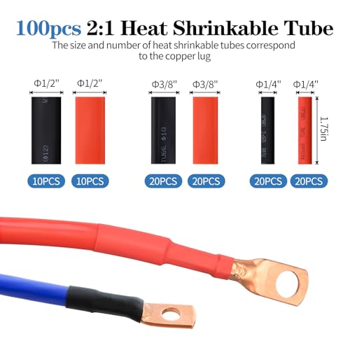 Mdvora Cable Lug Crimping Tool with 74pcs Copper Wire Lugs, 100pcs Dual Wall Adhesive Heat Shrink Tubing, Wire Crimping Tool for AWG 10-1/0 Electrical Lug Crimper - Image 4