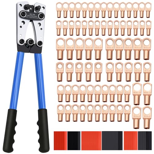 Mdvora Cable Lug Crimping Tool with 74pcs Copper Wire Lugs, 100pcs Dual Wall Adhesive Heat Shrink Tubing, Wire Crimping Tool for AWG 10-1/0 Electrical Lug Crimper - Image 1