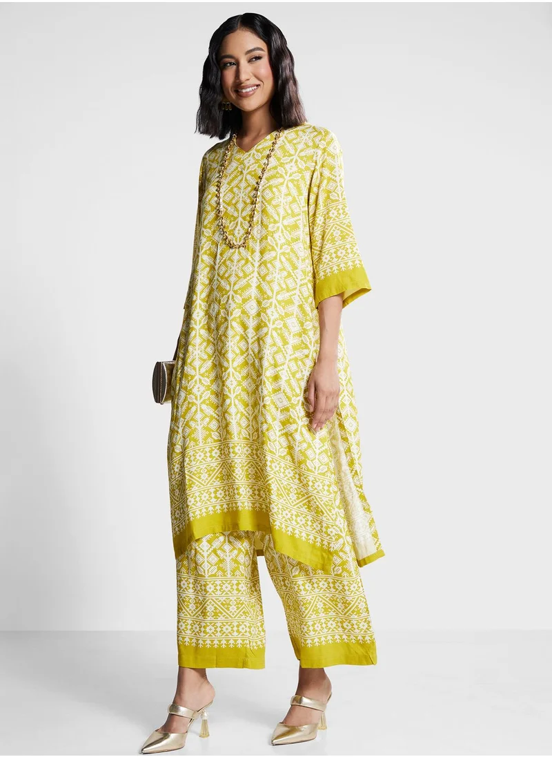 Biba V-Neck Printed Kurti & Pants Set