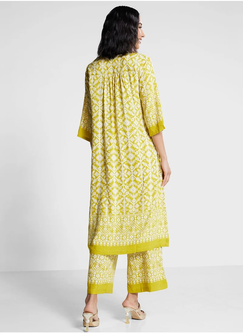 Biba V-Neck Printed Kurti & Pants Set