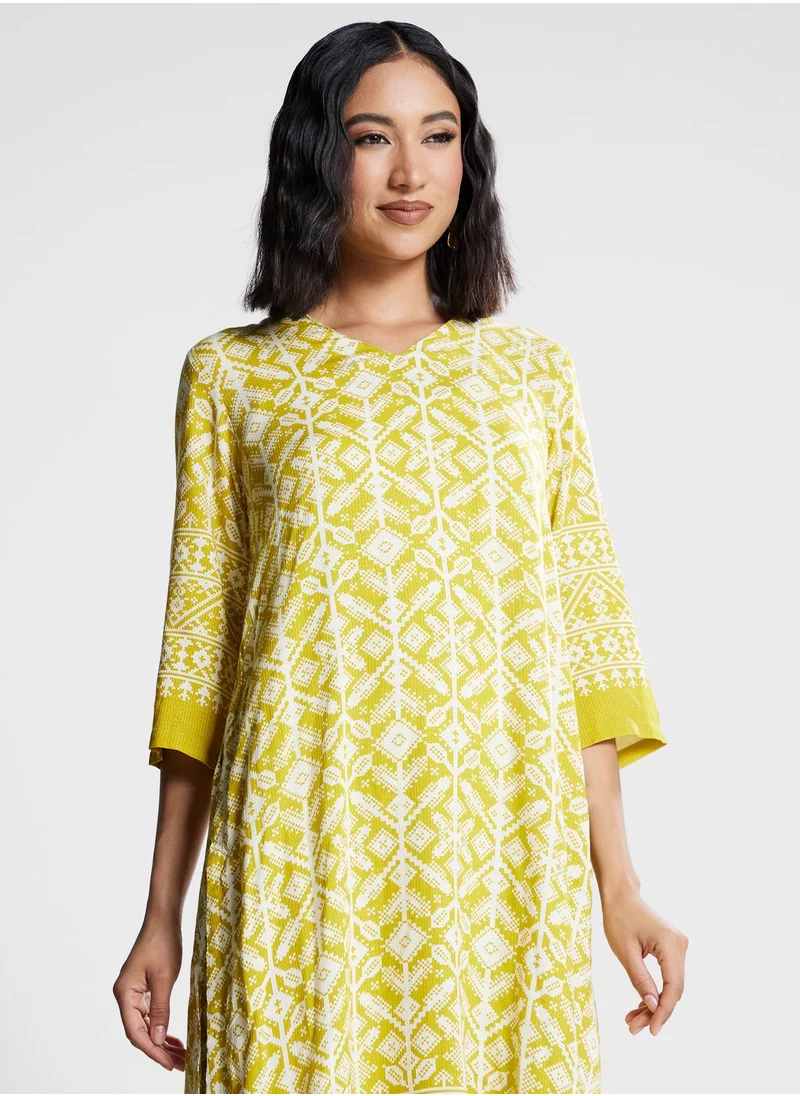 Biba V-Neck Printed Kurti & Pants Set
