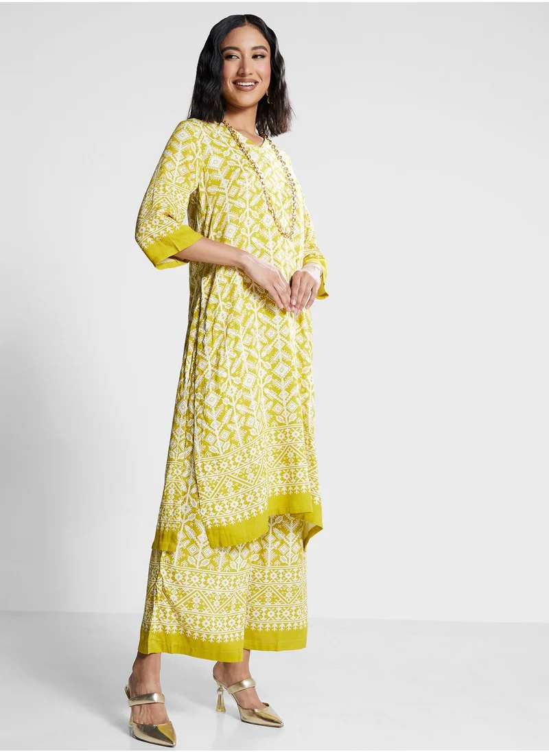 Biba V-Neck Printed Kurti & Pants Set