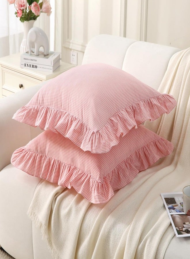 Silnuo Pink/White Ruffle Plaid Throw Pillow Covers Farmhouse Checkered Gingham18 x18 Pillow Shams Washed Cotton Vintage Pillowcases for Couch,Sofa,Bed and Living Room - Image 3