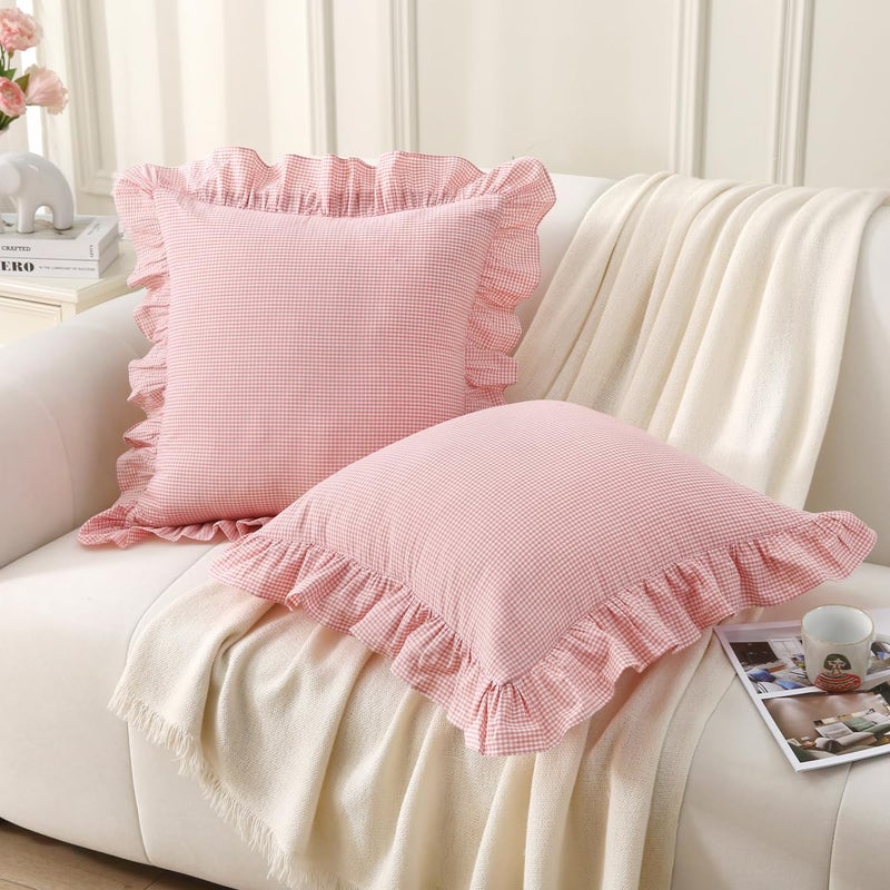 Silnuo Pink/White Ruffle Plaid Throw Pillow Covers Farmhouse Checkered Gingham18 x18 Pillow Shams Washed Cotton Vintage Pillowcases for Couch,Sofa,Bed and Living Room - Image 1