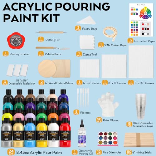 Nicpro 24 Colors 8.45oz Acrylic Pour Paint Supplies Kit, Large Volume Premixed High Flow Painting Bulk Set with Canvas, Wood Natural Slices, Pouring Oil, Tools Gloves, Strainer, Cups for Beginner DIY - Image 3