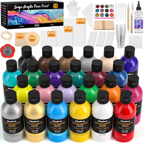 Nicpro 24 Colors 8.45oz Acrylic Pour Paint Supplies Kit, Large Volume Premixed High Flow Painting Bulk Set with Canvas, Wood Natural Slices, Pouring Oil, Tools Gloves, Strainer, Cups for Beginner DIY - Image 1