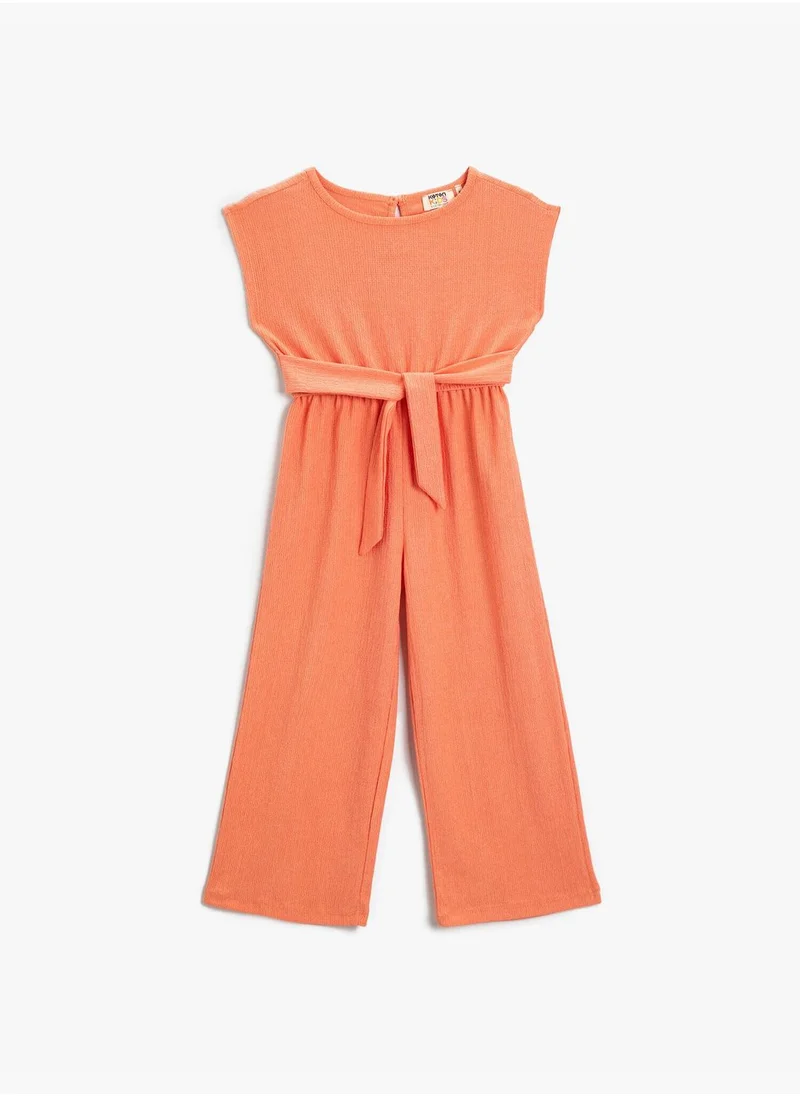 كوتون Short Sleeve Crew Neck Elastic Waist Wide Leg Jumpsuit