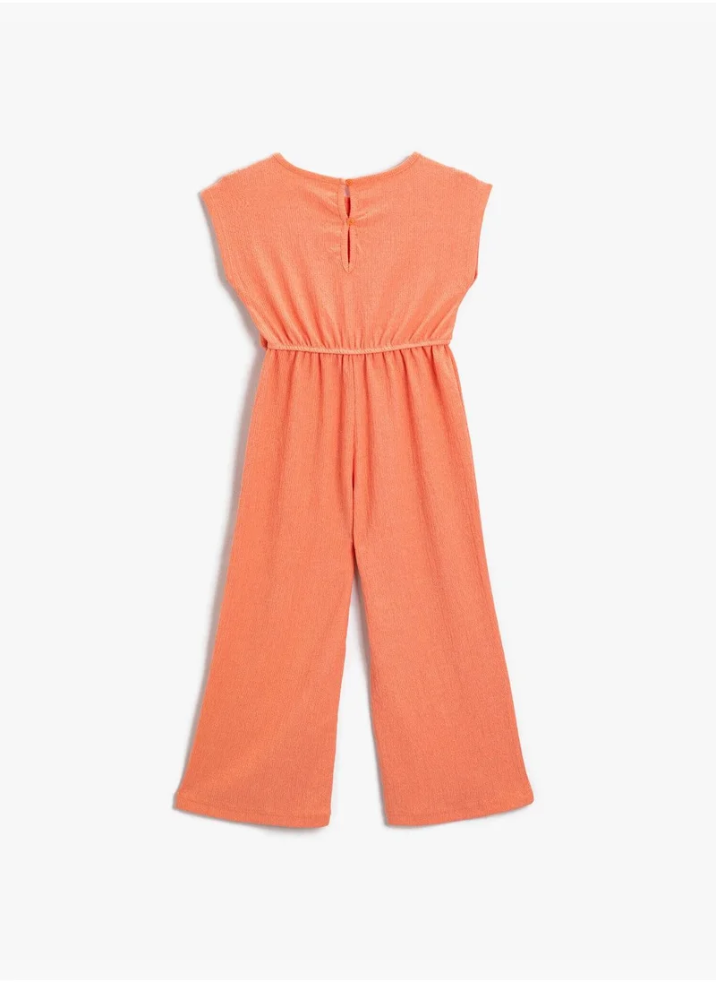 كوتون Short Sleeve Crew Neck Elastic Waist Wide Leg Jumpsuit