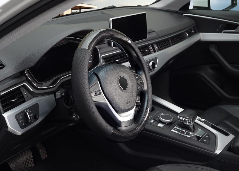 KAFEEK Classic Carbon Fiber Steering Wheel Cover, Universal 15 inch, Breathable Microfiber Leather, Black - Image 4