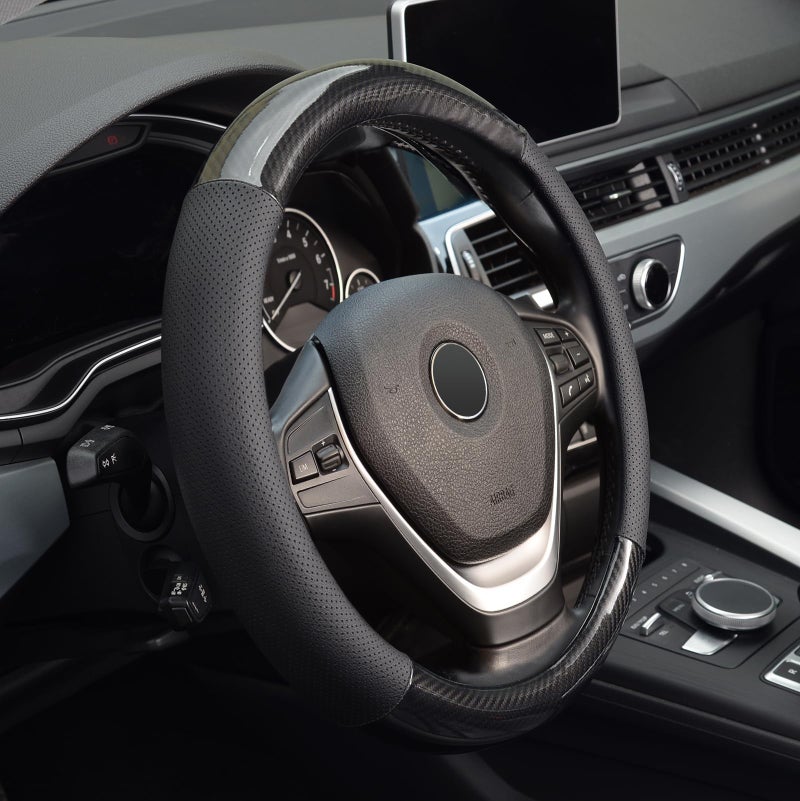 KAFEEK Classic Carbon Fiber Steering Wheel Cover, Universal 15 inch, Breathable Microfiber Leather, Black - Image 3