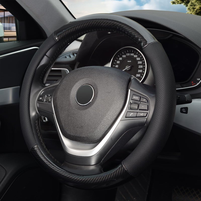 KAFEEK Classic Carbon Fiber Steering Wheel Cover, Universal 15 inch, Breathable Microfiber Leather, Black - Image 2