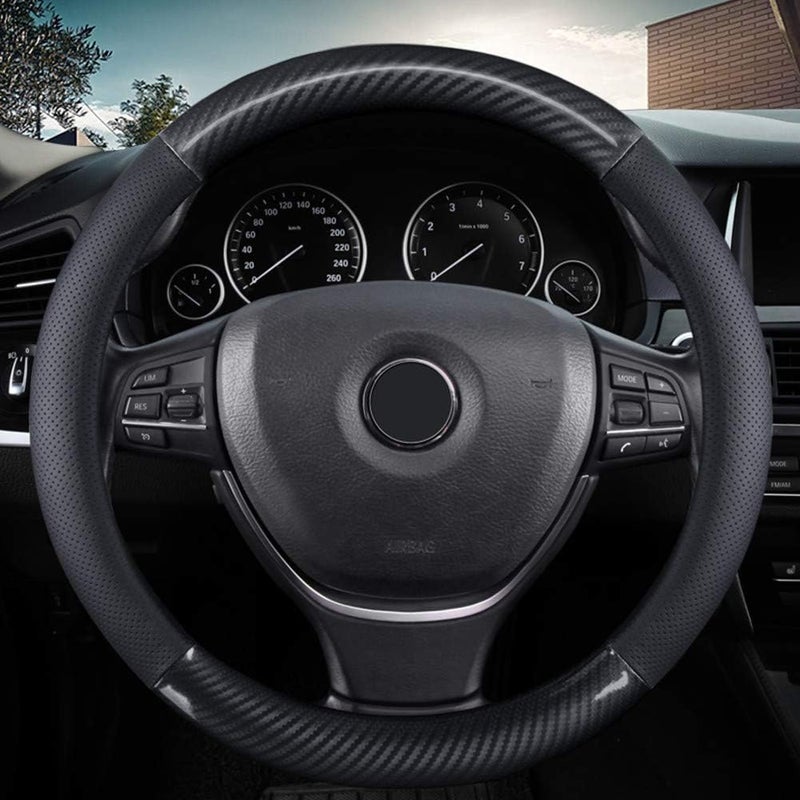 KAFEEK Classic Carbon Fiber Steering Wheel Cover, Universal 15 inch, Breathable Microfiber Leather, Black - Image 1