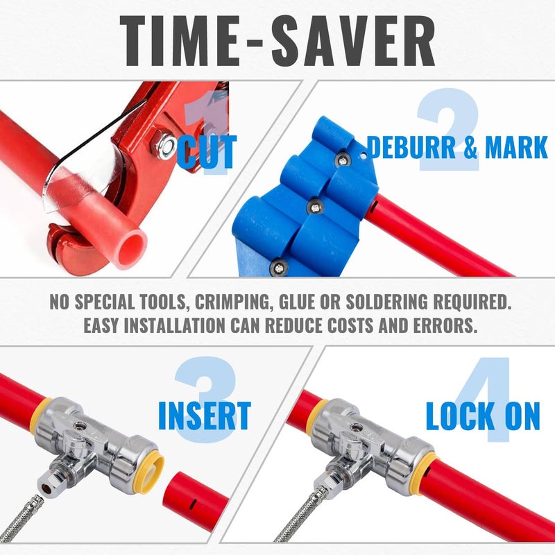 SUNGATOR 3/4 x 3/4 x 1/4 Inch Compression Tee Stop Valve, 1/4 Turn, No Lead Brass Push to Connect Plumbing Fitting for PEX Pipe, Copper, CPVC, with 1 Disconnect Clip and 1 Sealing Tape - Image 5