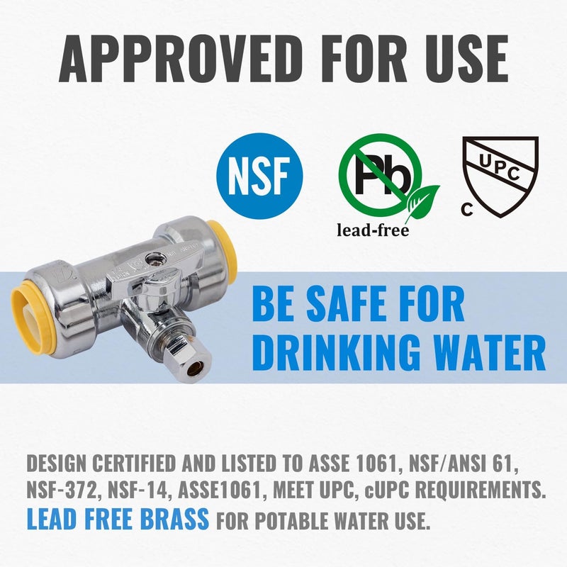 SUNGATOR 3/4 x 3/4 x 1/4 Inch Compression Tee Stop Valve, 1/4 Turn, No Lead Brass Push to Connect Plumbing Fitting for PEX Pipe, Copper, CPVC, with 1 Disconnect Clip and 1 Sealing Tape - Image 2