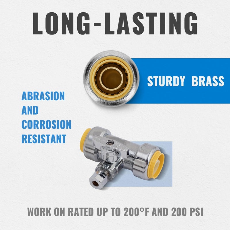 SUNGATOR 3/4 x 3/4 x 1/4 Inch Compression Tee Stop Valve, 1/4 Turn, No Lead Brass Push to Connect Plumbing Fitting for PEX Pipe, Copper, CPVC, with 1 Disconnect Clip and 1 Sealing Tape - Image 3