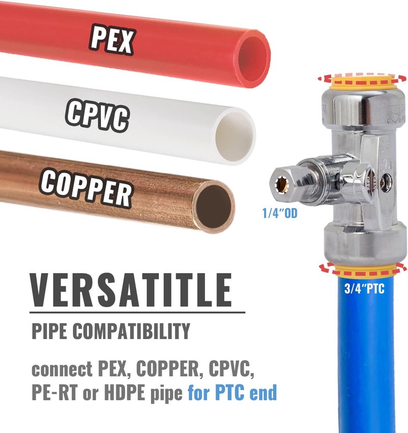 SUNGATOR 3/4 x 3/4 x 1/4 Inch Compression Tee Stop Valve, 1/4 Turn, No Lead Brass Push to Connect Plumbing Fitting for PEX Pipe, Copper, CPVC, with 1 Disconnect Clip and 1 Sealing Tape - Image 4