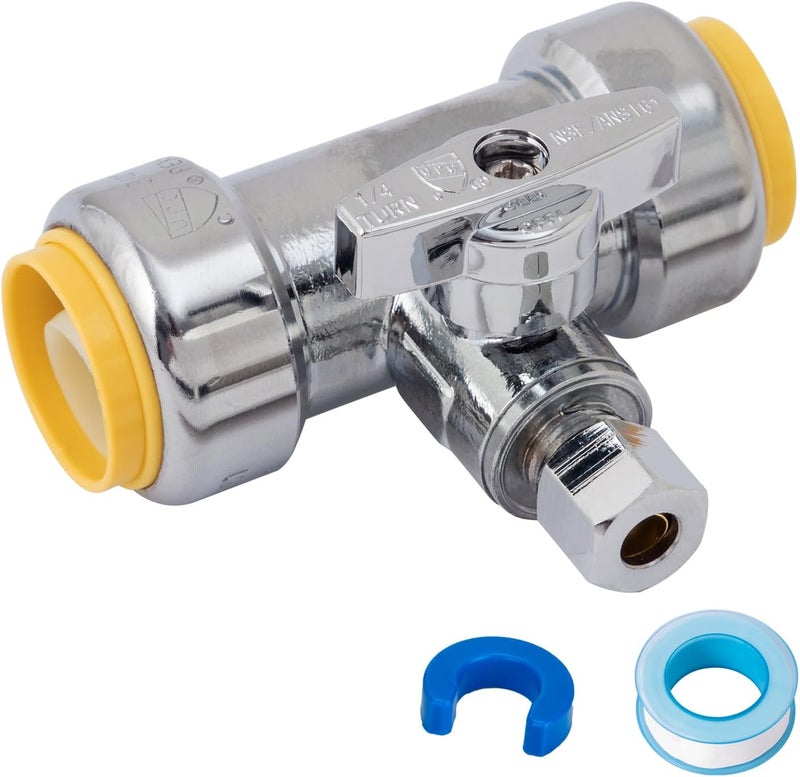 SUNGATOR 3/4 x 3/4 x 1/4 Inch Compression Tee Stop Valve, 1/4 Turn, No Lead Brass Push to Connect Plumbing Fitting for PEX Pipe, Copper, CPVC, with 1 Disconnect Clip and 1 Sealing Tape - Image 1