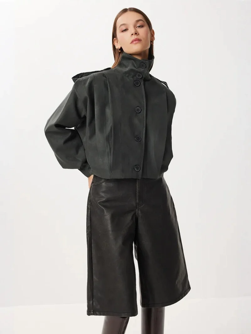 Lovely Istanbul ISTANBUL Bomber Suede Jacket with Button Closure