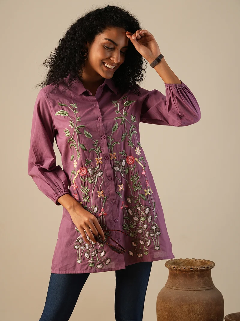 globus Women Shirt Collar Bishop Sleeves Floral Embroidered A-Line Fusion Tunic
