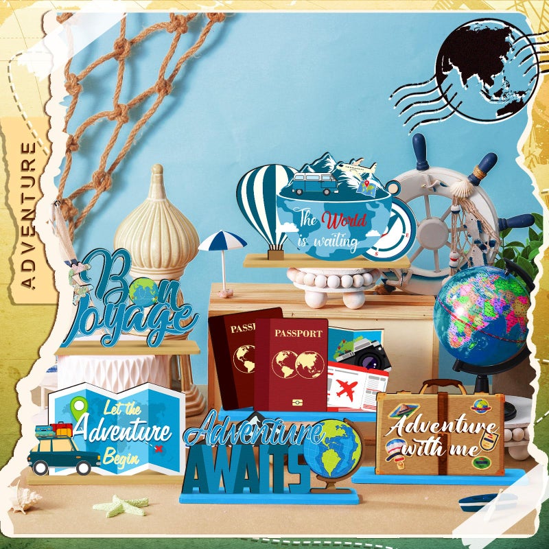 DoubleFill 6 Pcs Travel Themed Wooden Centerpieces Table Toppers Adventure Awaits Party Decor Travel Around The World Bon Voyage Table Decor Photo Props for Let The Adventure Begin Going Away Party - Image 3