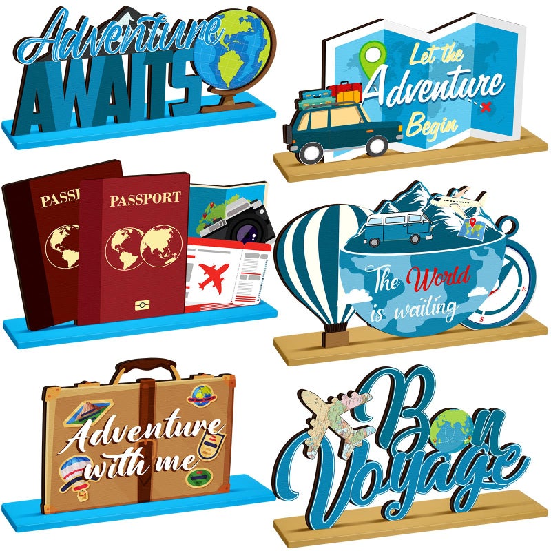 DoubleFill 6 Pcs Travel Themed Wooden Centerpieces Table Toppers Adventure Awaits Party Decor Travel Around The World Bon Voyage Table Decor Photo Props for Let The Adventure Begin Going Away Party - Image 1