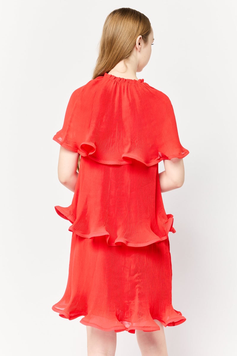 STELLA MCCARTNEY Women Tiered Belted Mini Dress, Red - Image 4