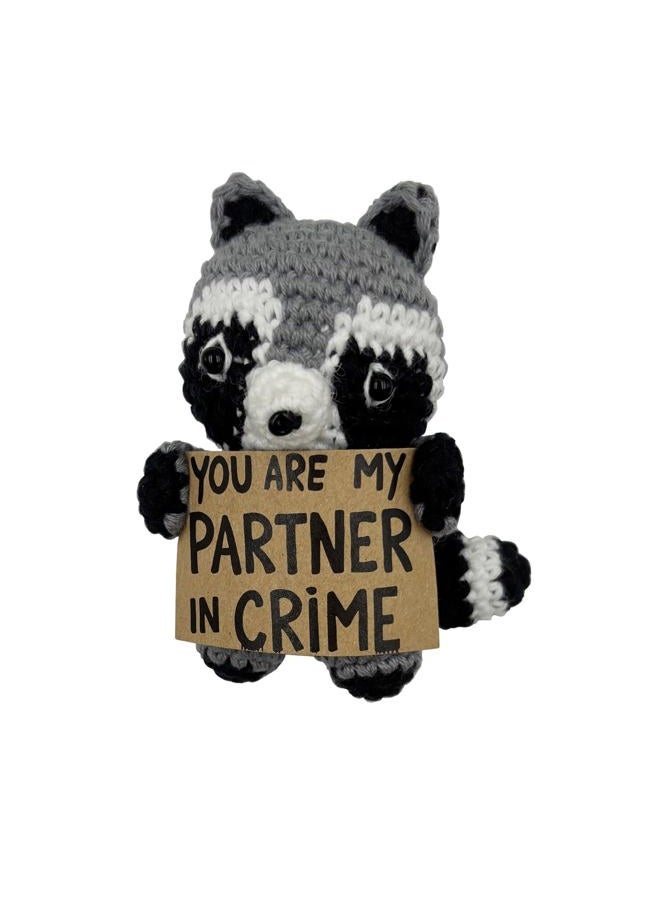 Stitch-Witch Gifts for Best Friend, You're My Partner in Crime, Handmade Cute Crocheted Finished Raccoon Plush Doll, Pocket Hug Token, Stress Balls, Squeeze Balls - Image 1