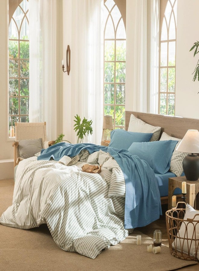 MooMee Bedding Sheet Set 100% Washed Cotton Linen Like Textured Breathable Durable Soft Comfy (Heathered Peacock Blue, Queen) - Image 3