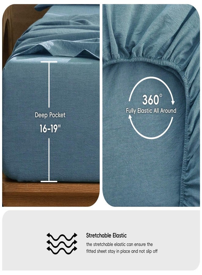 MooMee Bedding Sheet Set 100% Washed Cotton Linen Like Textured Breathable Durable Soft Comfy (Heathered Peacock Blue, Queen) - Image 5