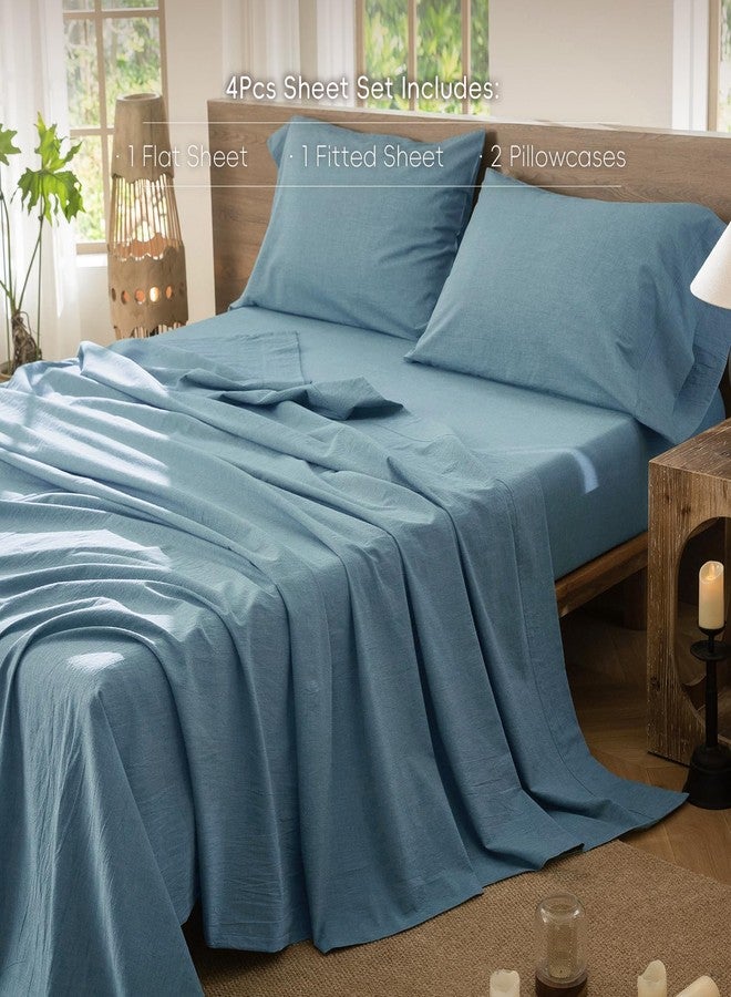 MooMee Bedding Sheet Set 100% Washed Cotton Linen Like Textured Breathable Durable Soft Comfy (Heathered Peacock Blue, Queen) - Image 2