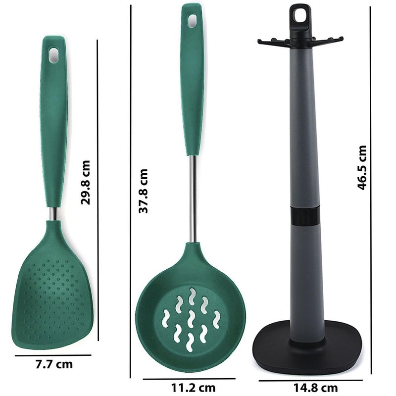 P-Plus International P-Plus International Flatware Rice Scooper Skimmer Spoon for Frying Spoon Deep Fry Strainer Rice Punja Spatula Stand for Kitchen Non Stick Rice Spoon Utensil Holder for Kitchen (Set of 3, Green)  - Image 2