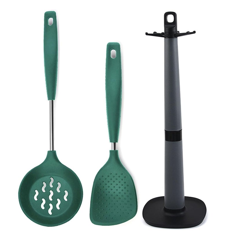 P-Plus International P-Plus International Flatware Rice Scooper Skimmer Spoon for Frying Spoon Deep Fry Strainer Rice Punja Spatula Stand for Kitchen Non Stick Rice Spoon Utensil Holder for Kitchen (Set of 3, Green)  - Image 1