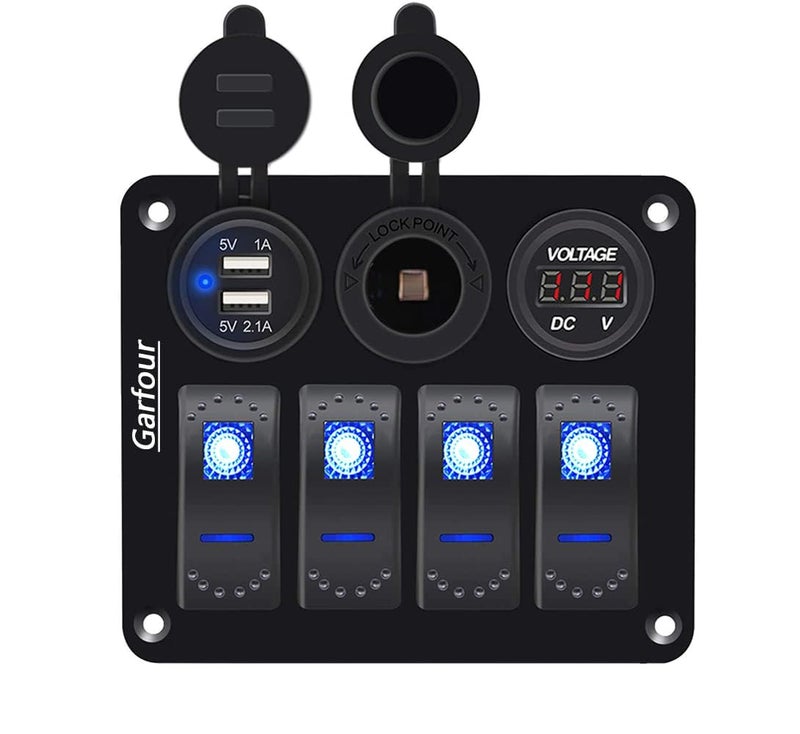 Garfour 4 Gang Boat Switch Panel, Marine-Grade Waterproof Aluminum Switch Panel with 12V Voltmeter, 3.1A Dual USB Charger &Lighter Socket - Universal for Marine, RV, Truck Control Dashboards - Image 1